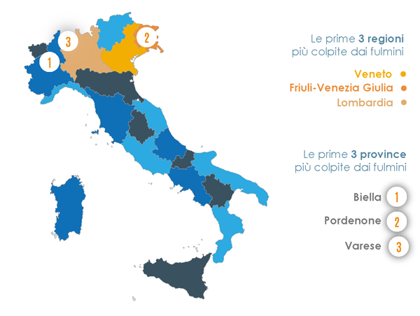 Le zone più colpite dai fulmini in Italia