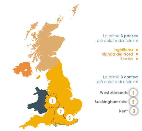 Le zone più colpite dai fulmini in Regno Unito