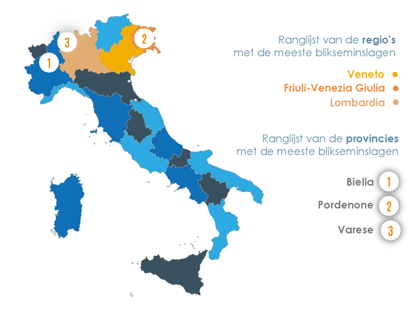 Zones met de meeste blikseminslagen in de Italie