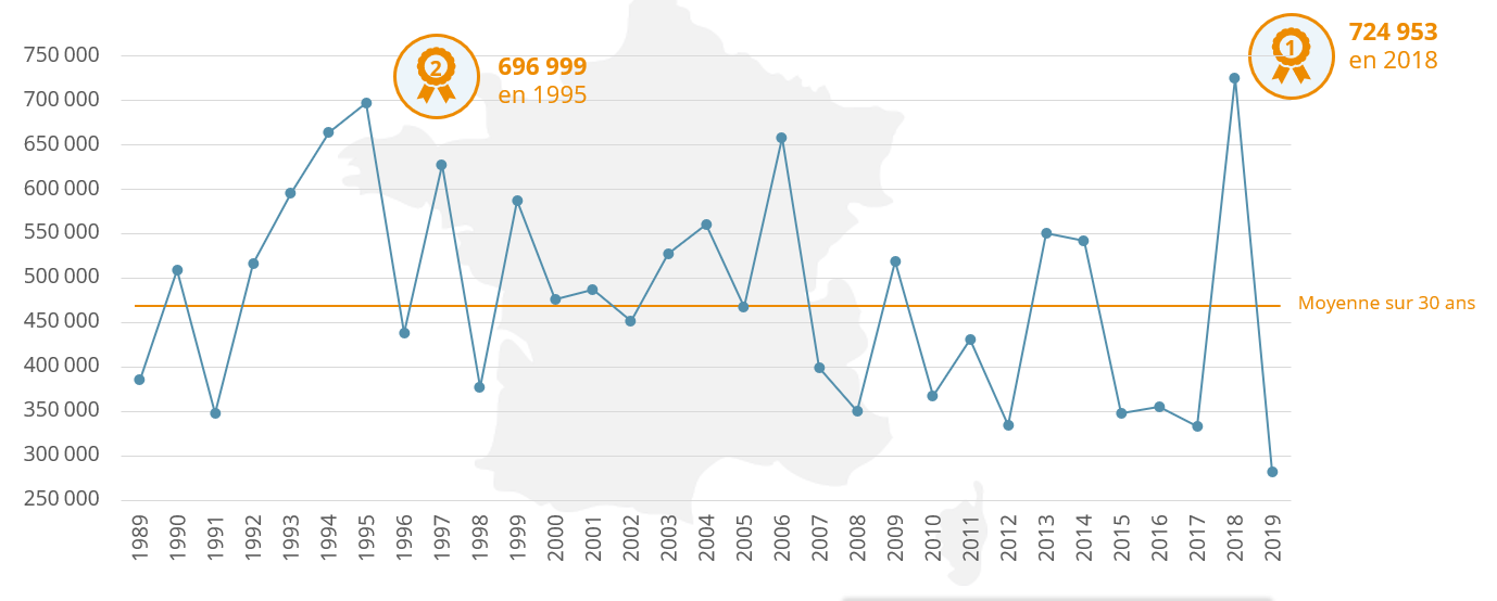 Evolution du nombre d'éclairs en France depuis 1989