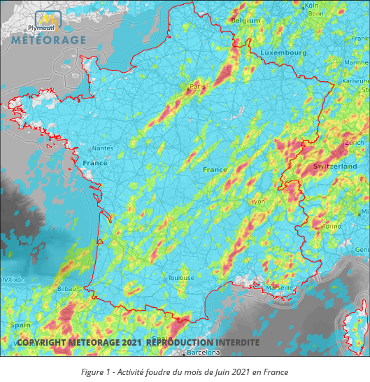 Figure 1 - Activité foudre du mois de Juin 2021 en France