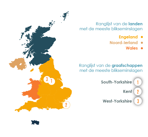 Zones met de meeste blikseminslagen - UK -  eerste helft van 2021