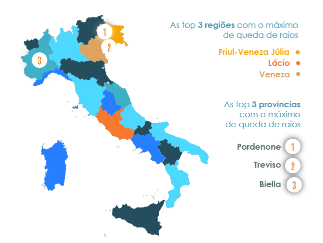 As zonas com o máximo de queda de raios - Italia - Primeiro semestre de 2021