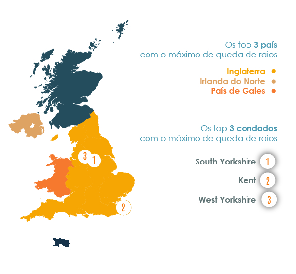 As zonas com o máximo de queda de raios - Reino Unido - Primeiro Semestro de 2021